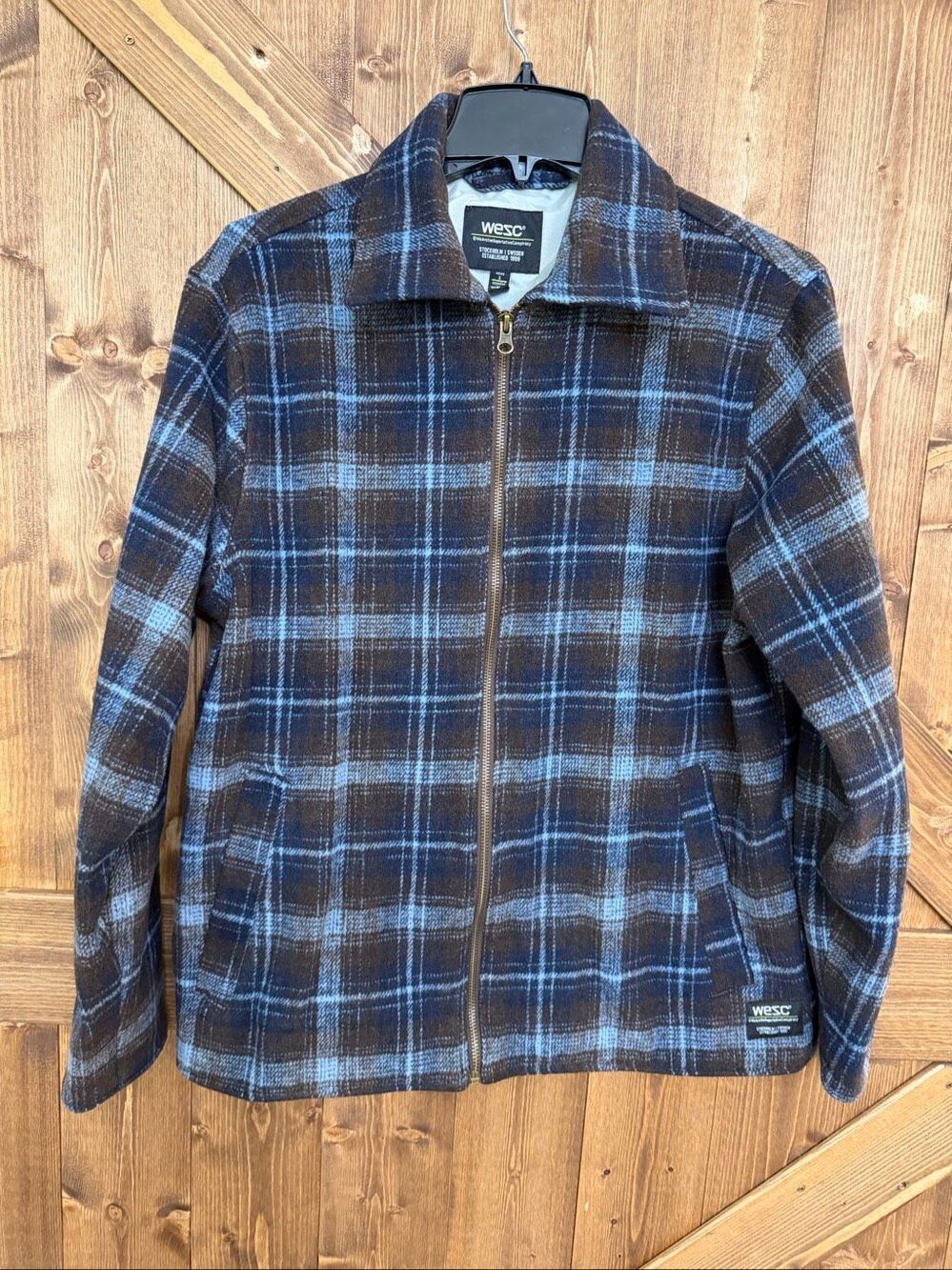 WeSC Men’s Full Zip Blue Brown Plaid Shacket Jacket Size Small (9300)